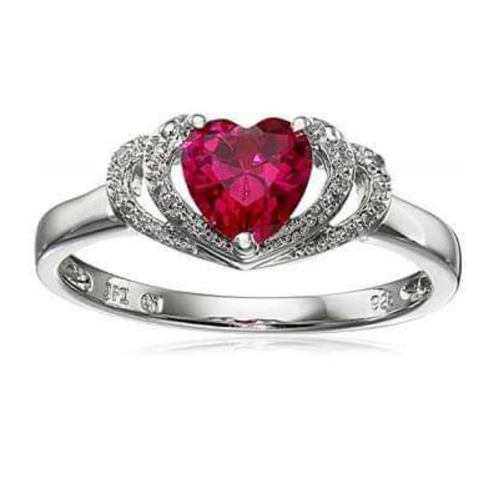 Sterling Silver Ruby Heart & Diamond Ring Size 8